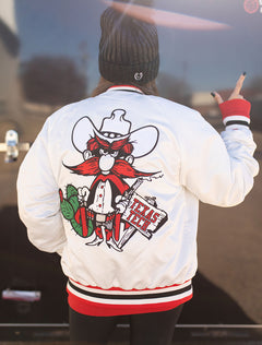 YOUTH Texas Tech Dark Horse "Cactus Raider Red" White Varsity Jacket