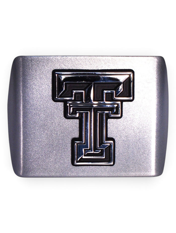 AMG Texas Tech  Red Raiders Metallic Silver with Chrome  Double T Hitch Cover – Front view