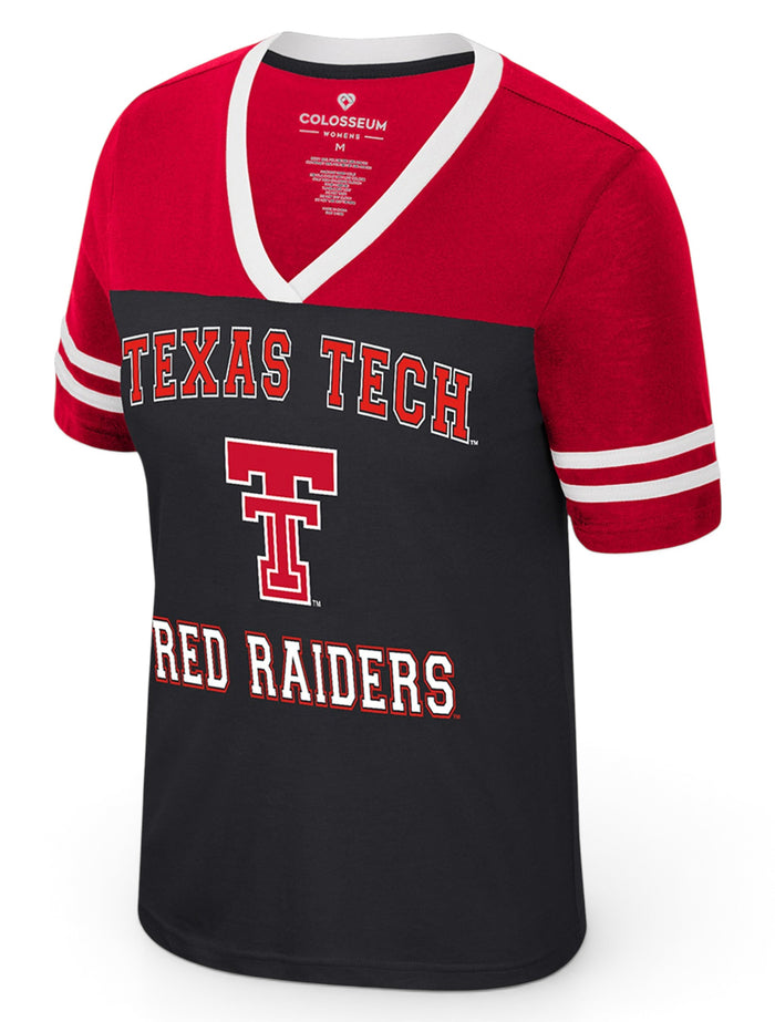 Black and red Texas Tech women's colorblock jersey tee with a white trimmed V neck, arched TEXAS TECH, a red Double T and RED RAIDERS in white, with striped sleeves