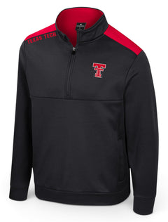 Black quarter zip poly fleece with red shoulder panels, TEXAS TECH printed across one shoulder, and an embroidered Double T at the left chest