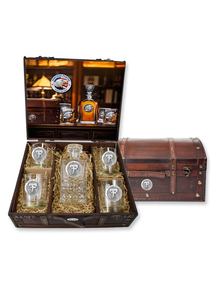 Texas Tech Heritage Pewter Heritage Decanter w/ 2 Double Old Fashioned Glasses in Chest
