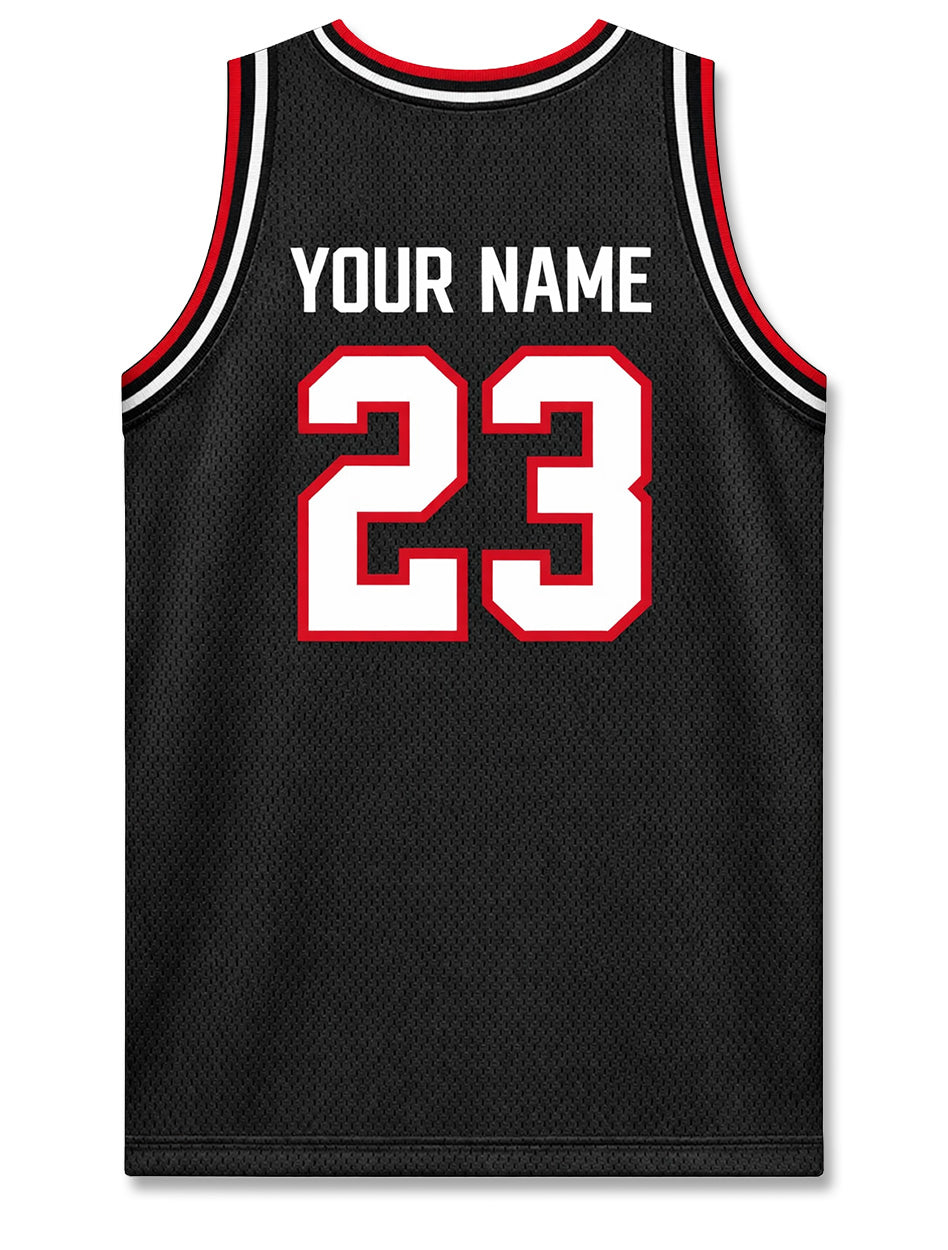 Back view of a black Texas Tech Dark Horse personalized basketball jersey with YOUR NAME above the number 23