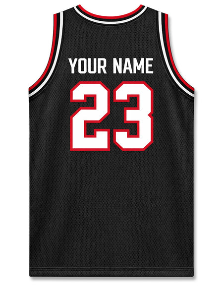 Back view of a black Texas Tech Dark Horse personalized basketball jersey with YOUR NAME above the number 23