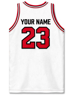 Back view of a white Texas Tech Dark Horse personalized basketball jersey with YOUR NAME above the number 23