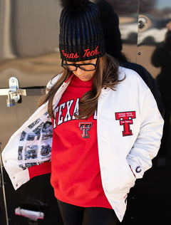 YOUTH Texas Tech Dark Horse "Cactus Raider Red" White Varsity Jacket