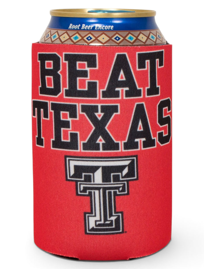 Beat Texas & Double T on Red Can Cooler- Texas Tech – Front view