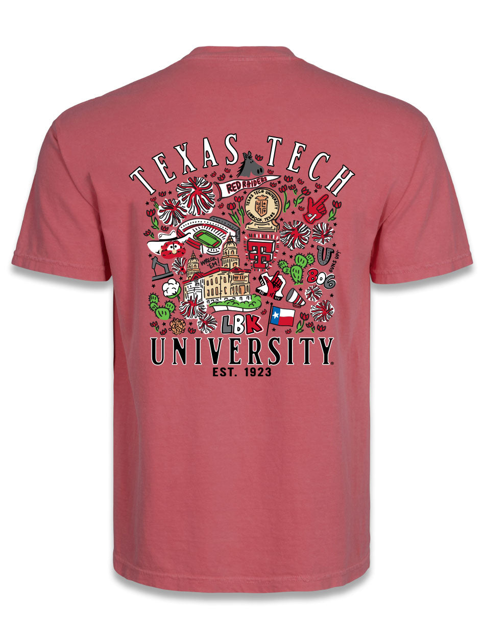 Back of a washed red Texas Tech tee with a hand drawn collage of Lubbock and campus icons under arched TEXAS TECH UNIVERSITY lettering