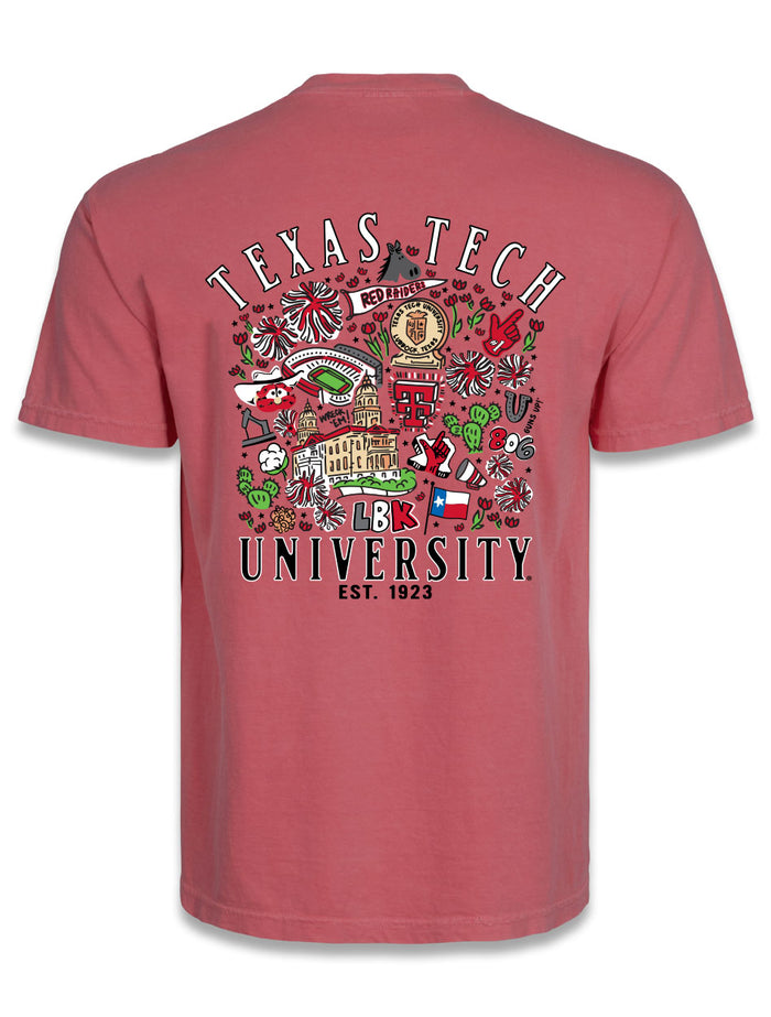 Back of a washed red Texas Tech tee with a hand drawn collage of Lubbock and campus icons under arched TEXAS TECH UNIVERSITY lettering