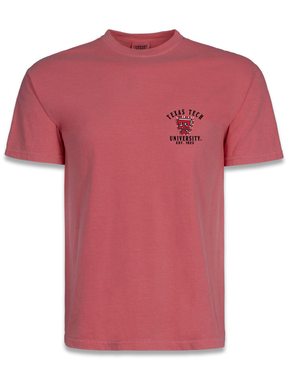 Front of the washed red Texas Tech tee with a small left chest Double T and TEXAS TECH UNIVERSITY EST. 1923 lettering