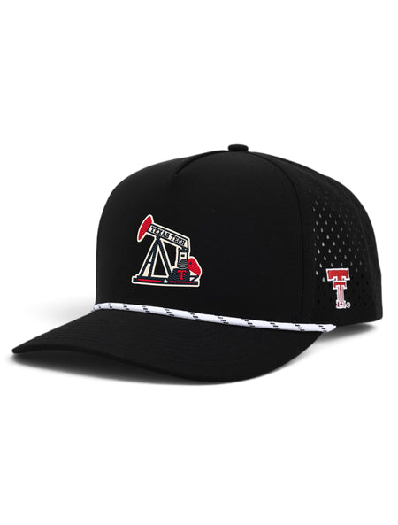 Dark Horse Texas Tech Stadium Standard pumpjack black rope snapback cap, angled view with Double T side hit