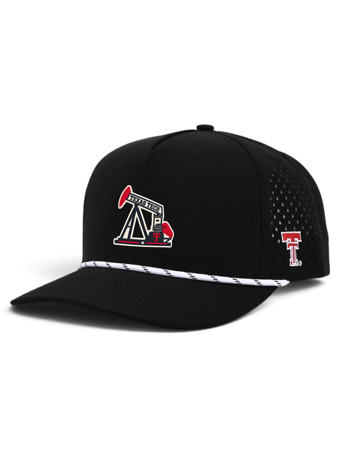 Dark Horse Texas Tech Stadium Standard pumpjack black rope snapback cap, angled view with Double T side hit