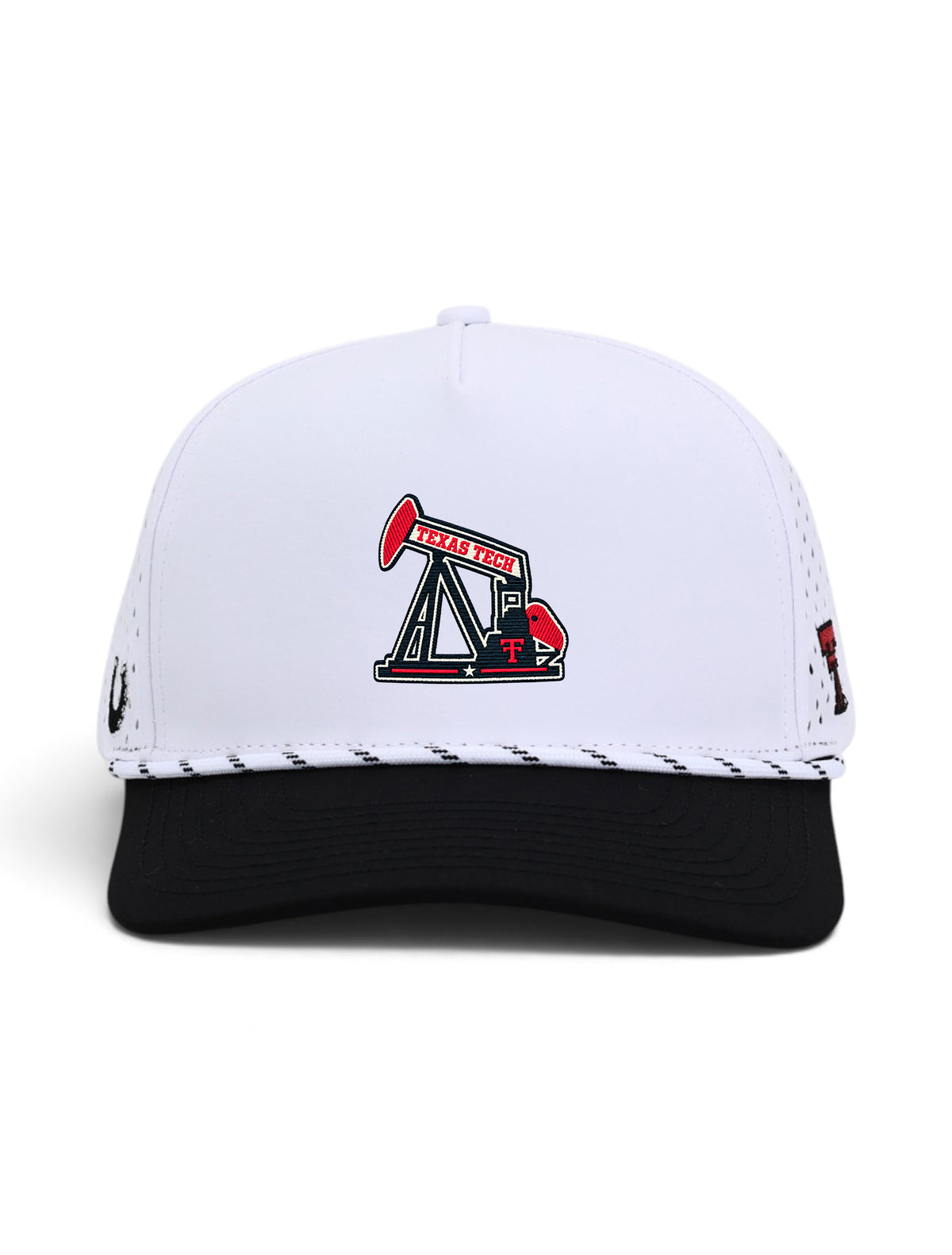 Dark Horse Texas Tech Stadium Standard pumpjack white rope snapback cap with black brim, front view