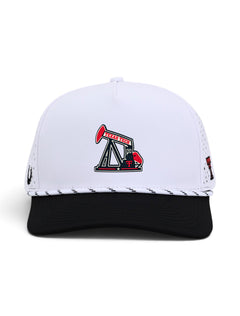 Dark Horse Texas Tech Stadium Standard pumpjack white rope snapback cap with black brim, front view