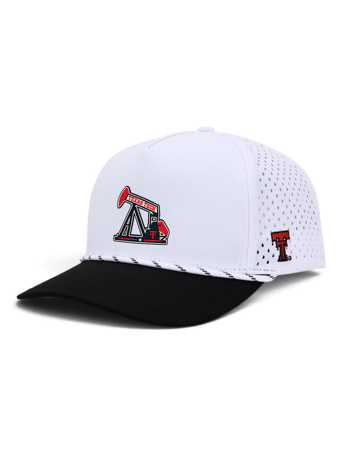Dark Horse Texas Tech Stadium Standard pumpjack white rope snapback cap with black brim, angled view with Double T side hit
