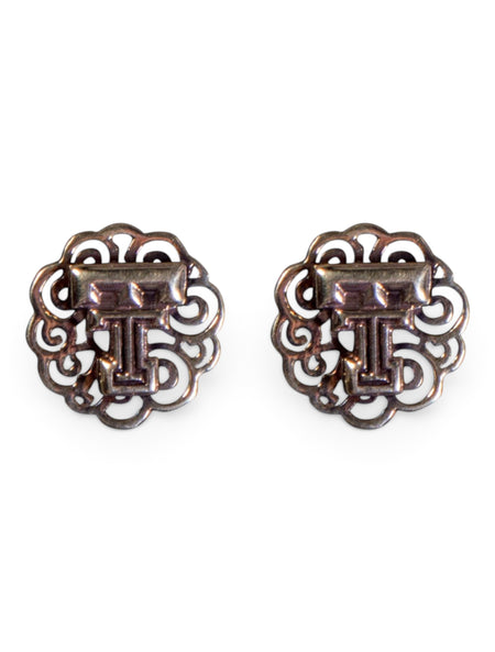 DaynaU Texas Tech Double T Filigree Brass Earrings – Front view