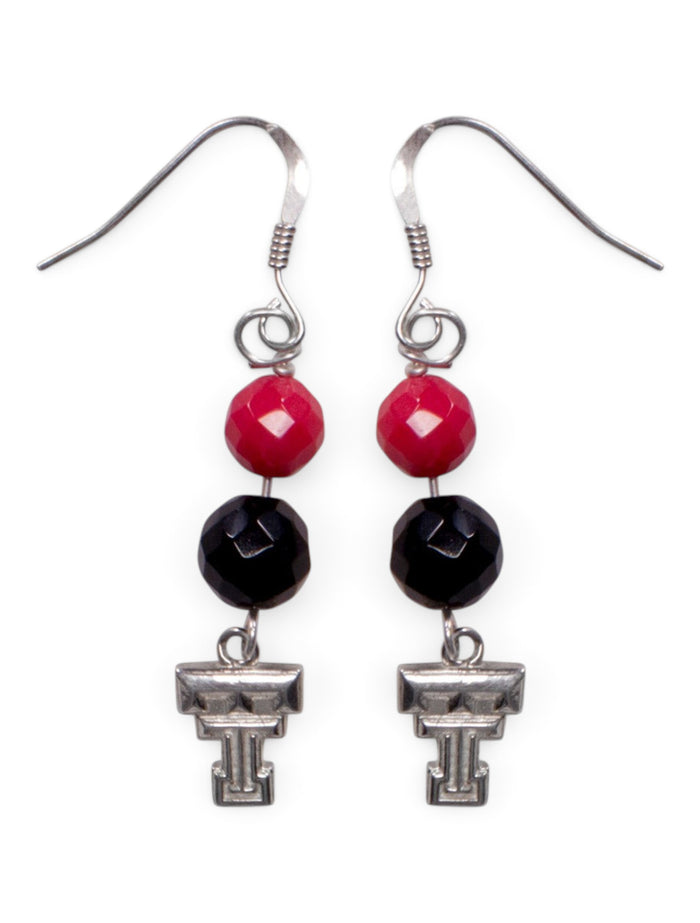 DaynaU Texas Tech Double T with Red and Black Rhinestone Earrings – Front view