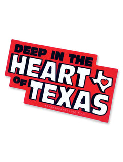 Vinyl decal reading “Deep in the Heart of Texas” with a Texas state outline and heart, in red, black, and white