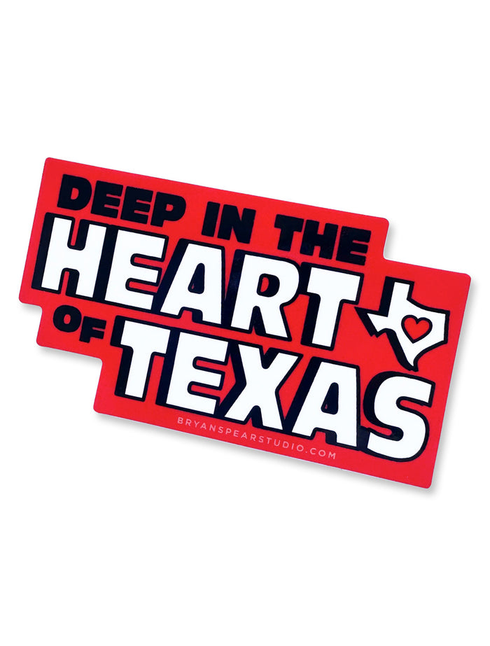 Vinyl decal reading “Deep in the Heart of Texas” with a Texas state outline and heart, in red, black, and white