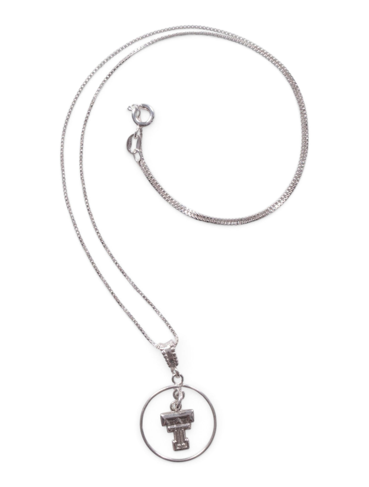 Double T in Circle Pendant on Silver Necklace – Front view