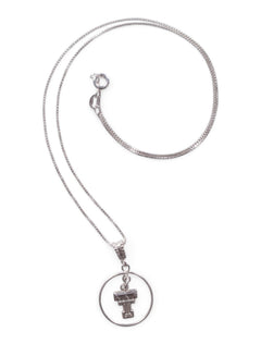 Double T in Circle Pendant on Silver Necklace – Front view