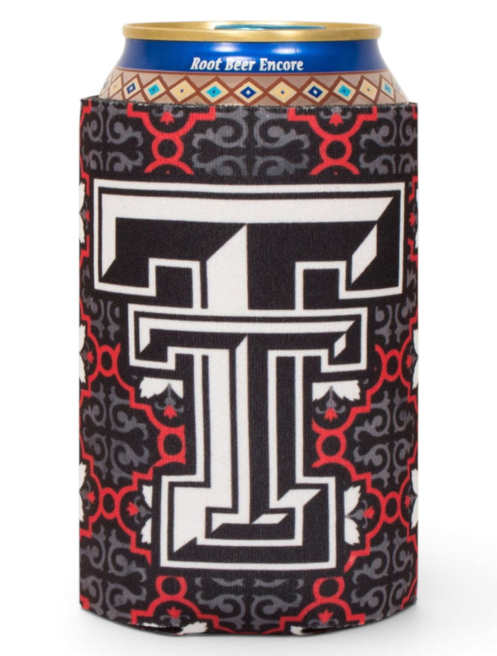 Double T on Red & Charcoal Morocco Pattern Can Cooler- Texas Tech – Front view