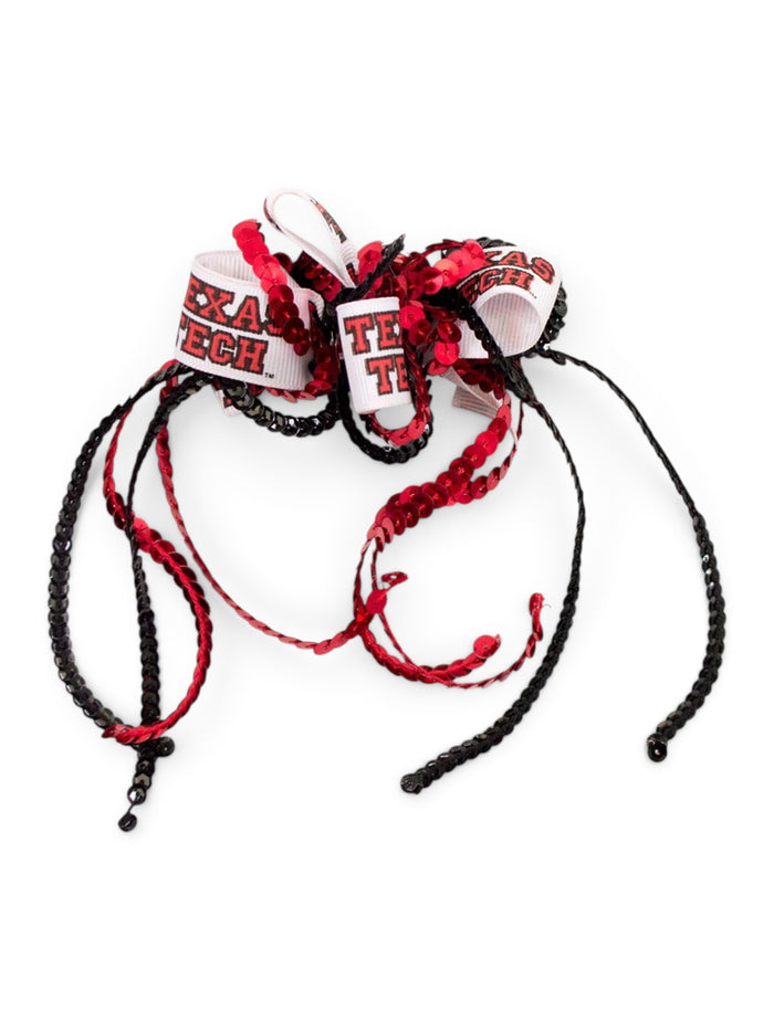 Double T & Texas Tech White Bow with Red & Black Sequin Ribbons – Front view