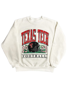 Texas Tech Full Rhinestone Helmet on Field white crewneck sweatshirt laid flat, front view
