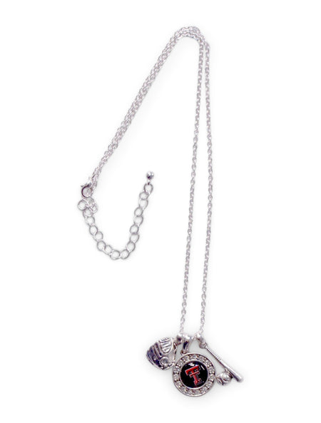 FTH Texas Tech Red Raiders Texas Tech Crystal Double T Logo with Baseball Glove, Bat and Ball Charm Necklace – Front view