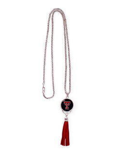 FTH Texas Tech Red Raiders Texas Tech Double T Pendant with Long Red Suede Tassle Necklace – Front view