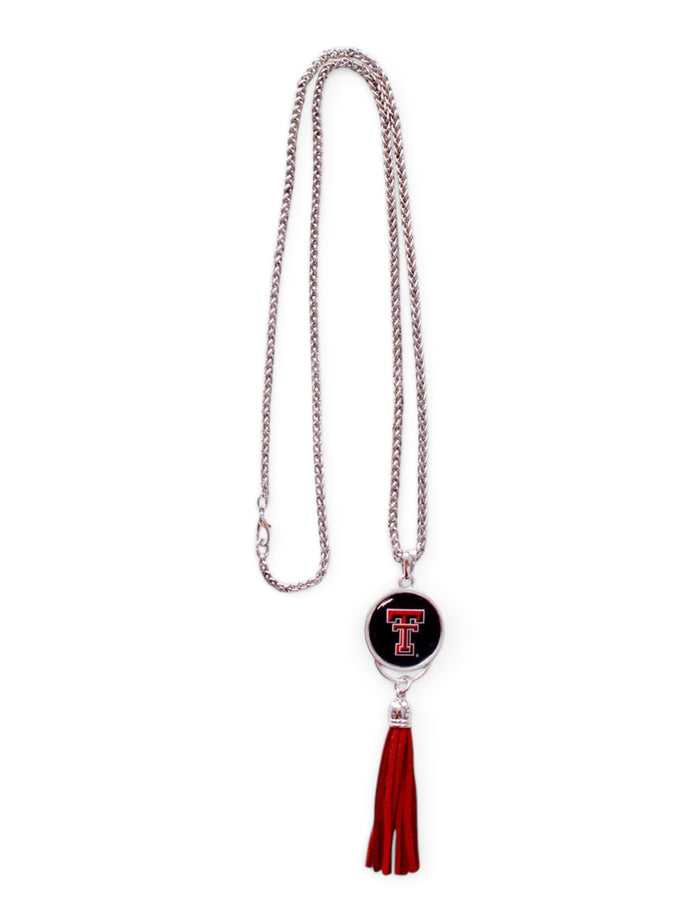 FTH Texas Tech Red Raiders Texas Tech Double T Pendant with Long Red Suede Tassle Necklace – Front view