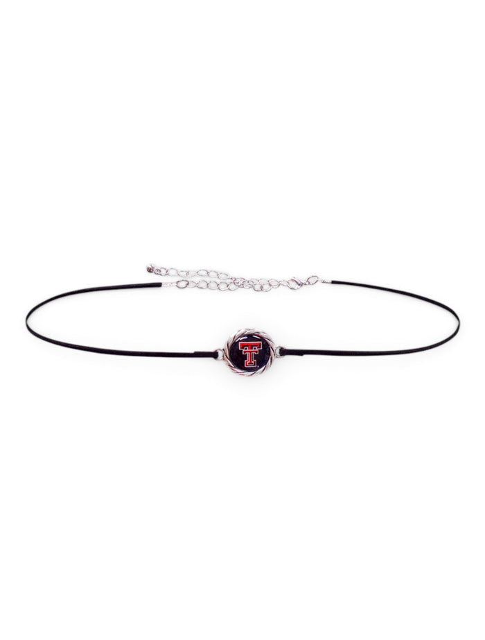 FTH Texas Tech Red Raiders Texas Tech Double T Pendant with Rope Border Black Suede Choker – Front view