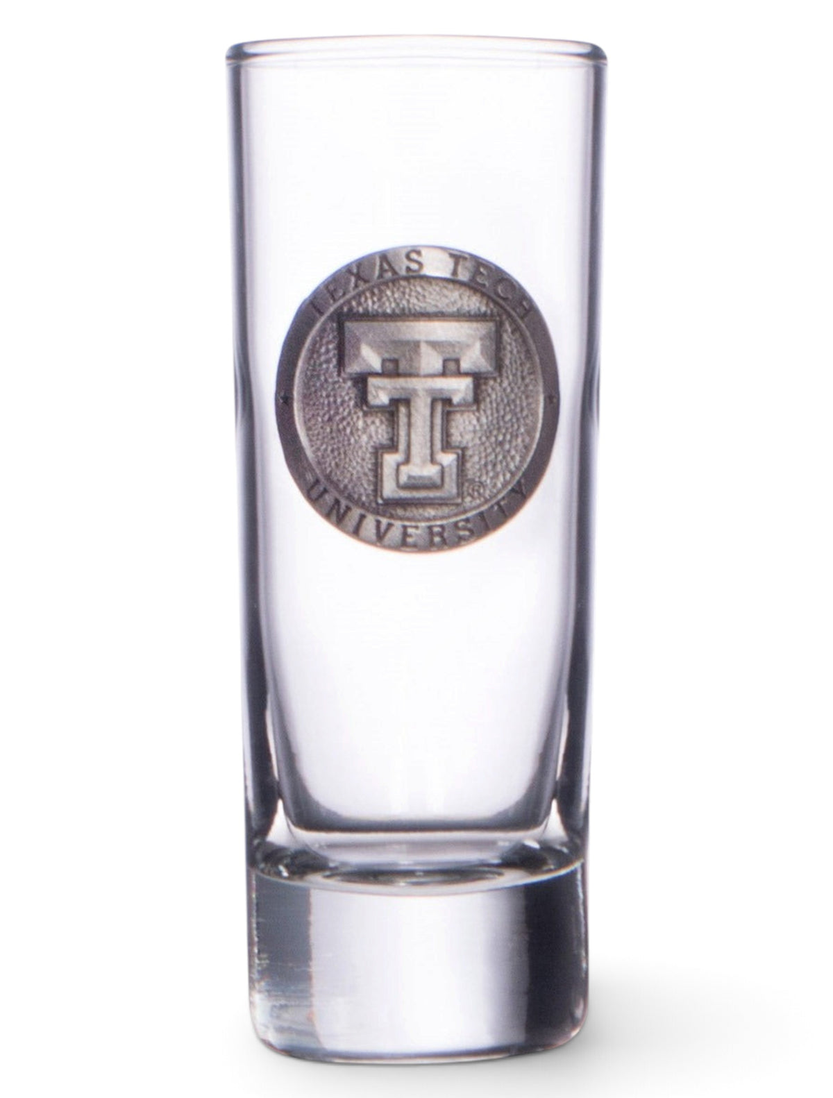 Heritage Pewter Texas Tech Double T Emblem on Shot Glass – Front view