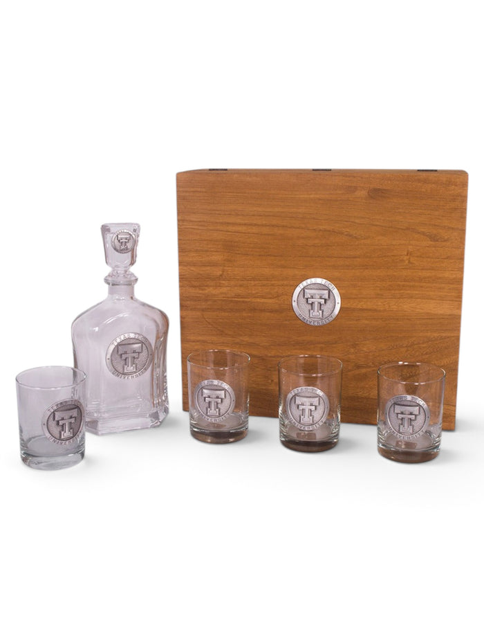 Heritage Pewter Texas Tech Emblem Liquor Decanter and Glasses in Wooden Gift Box – Front view