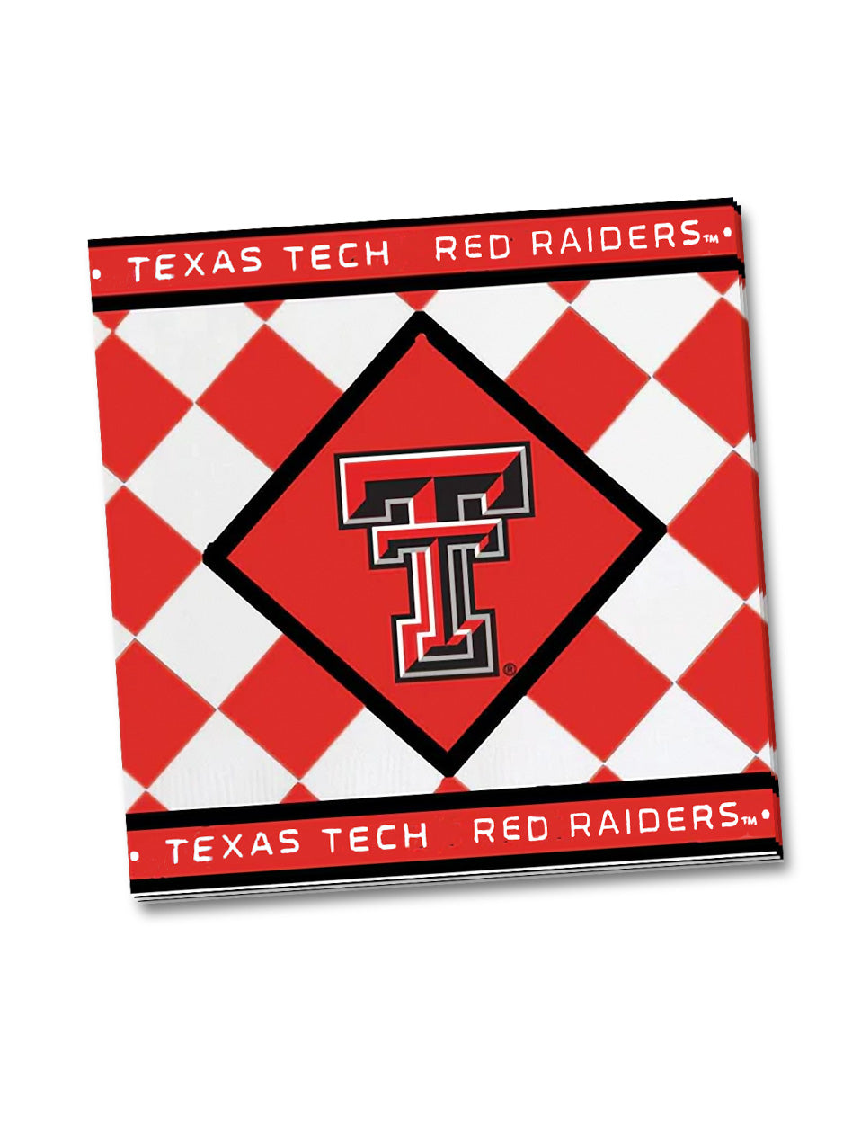 Texas Tech Red Raiders checkered party napkins with a red and white diamond pattern and a Double T logo at the center
