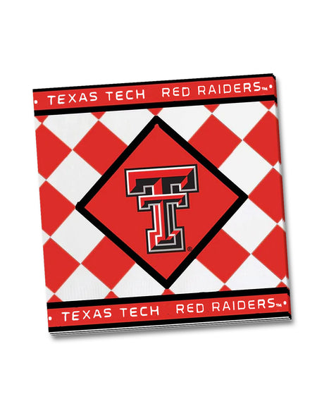 Texas Tech Red Raiders checkered party napkins with a red and white diamond pattern and a Double T logo at the center