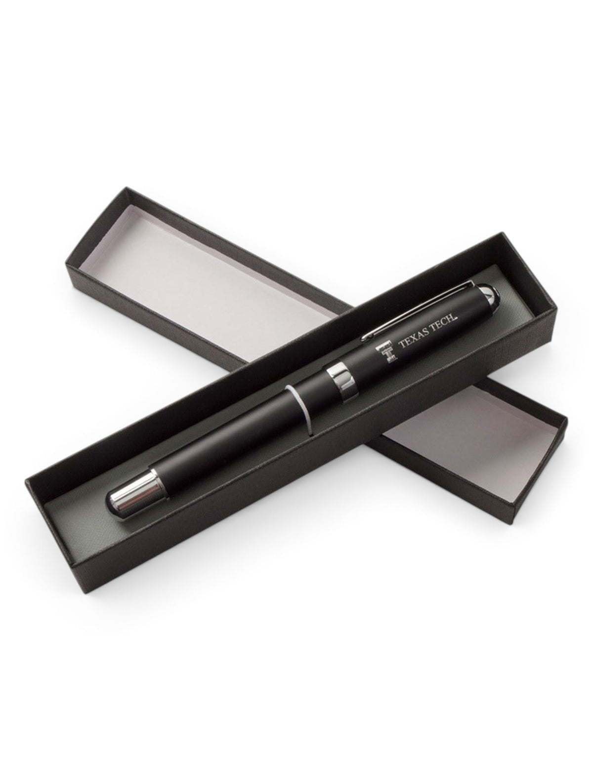 Laser Engraved Double T & Texas Tech on Matte Black Pen – Front view