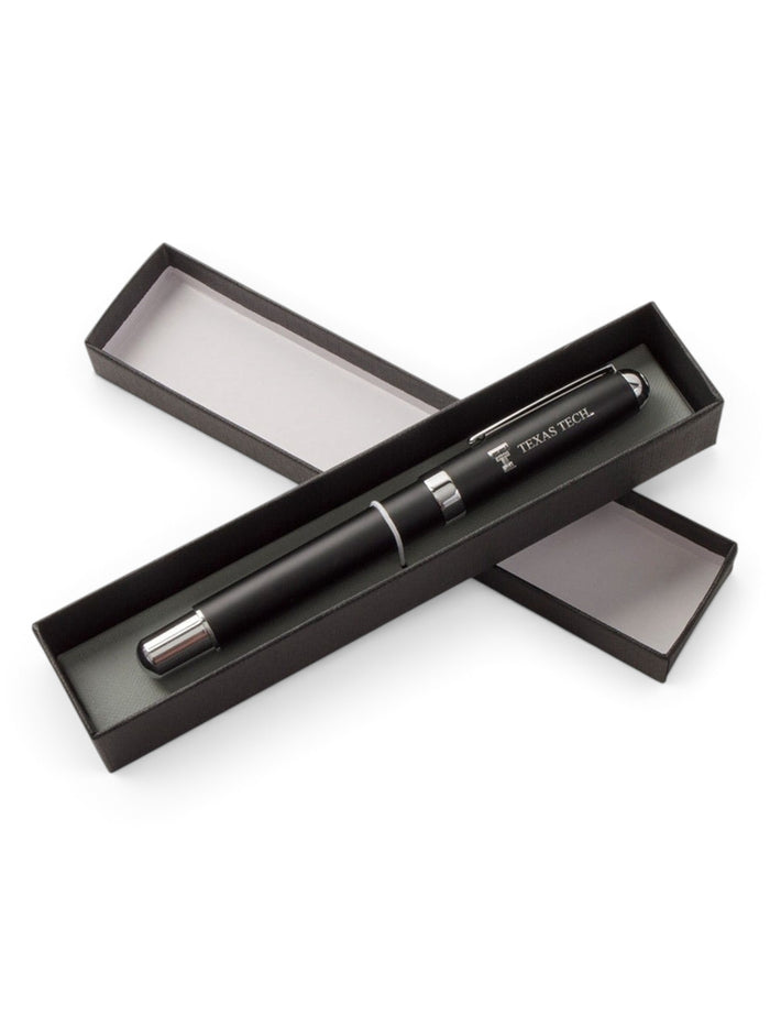 Laser Engraved Double T & Texas Tech on Matte Black Pen – Front view
