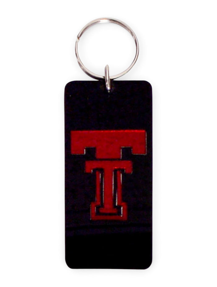 Laser Magic Texas Tech Red Raiders Double T on Black Multi-Use Mirror Keychain – Front view