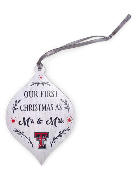 Legacy Texas Tech Red Raiders Double T "Our First Christmas as Mr. and Mrs." Wooden Ornament – Front view
