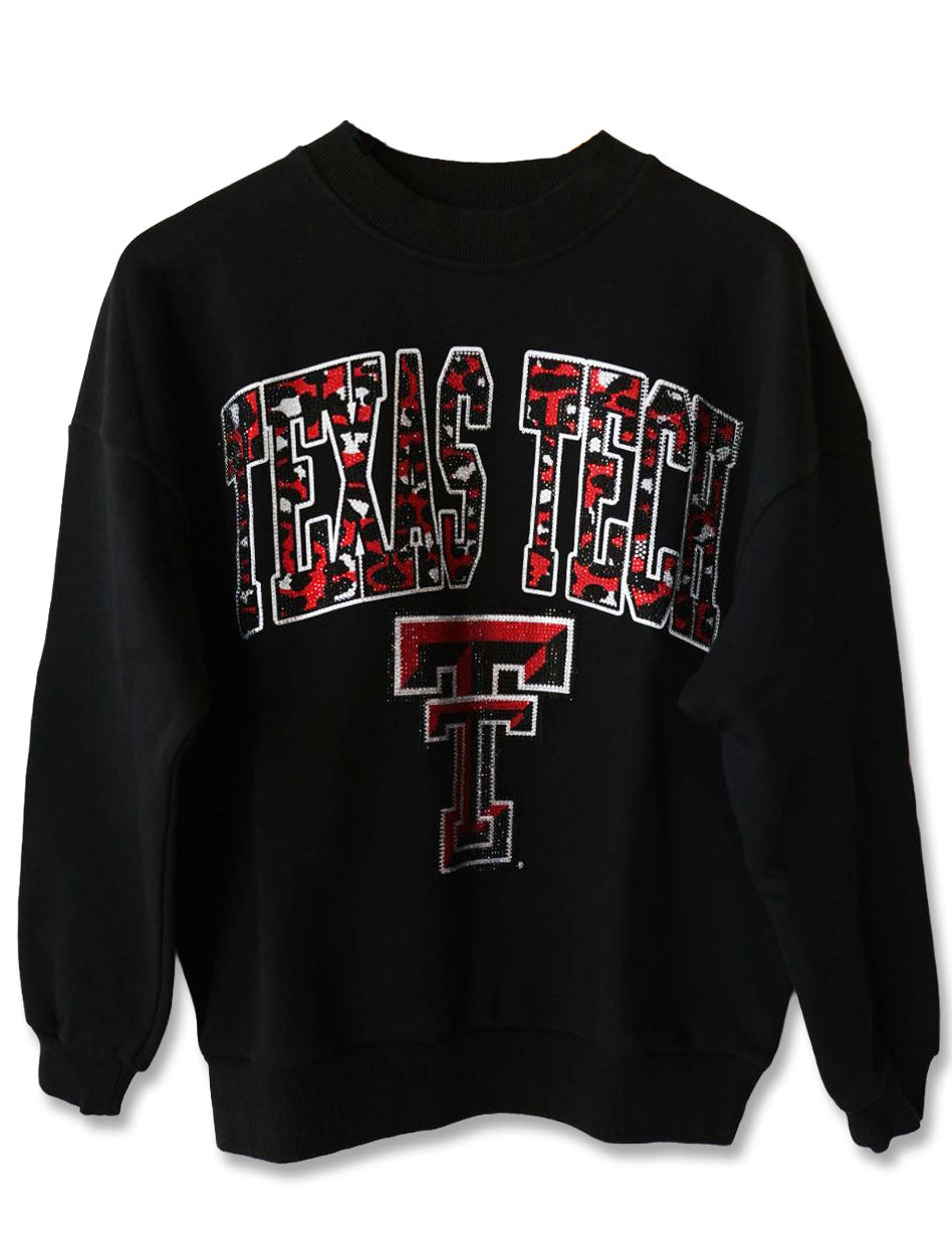 Texas Tech Red & Black Leopard Arch over Double T Rhinestone Sweatshirt