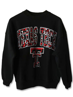 Black Texas Tech crewneck sweatshirt with a red and black leopard print arch over a Double T