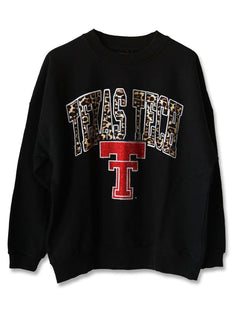 Black Texas Tech crewneck sweatshirt with a tan leopard print arch over a red Vault Double T