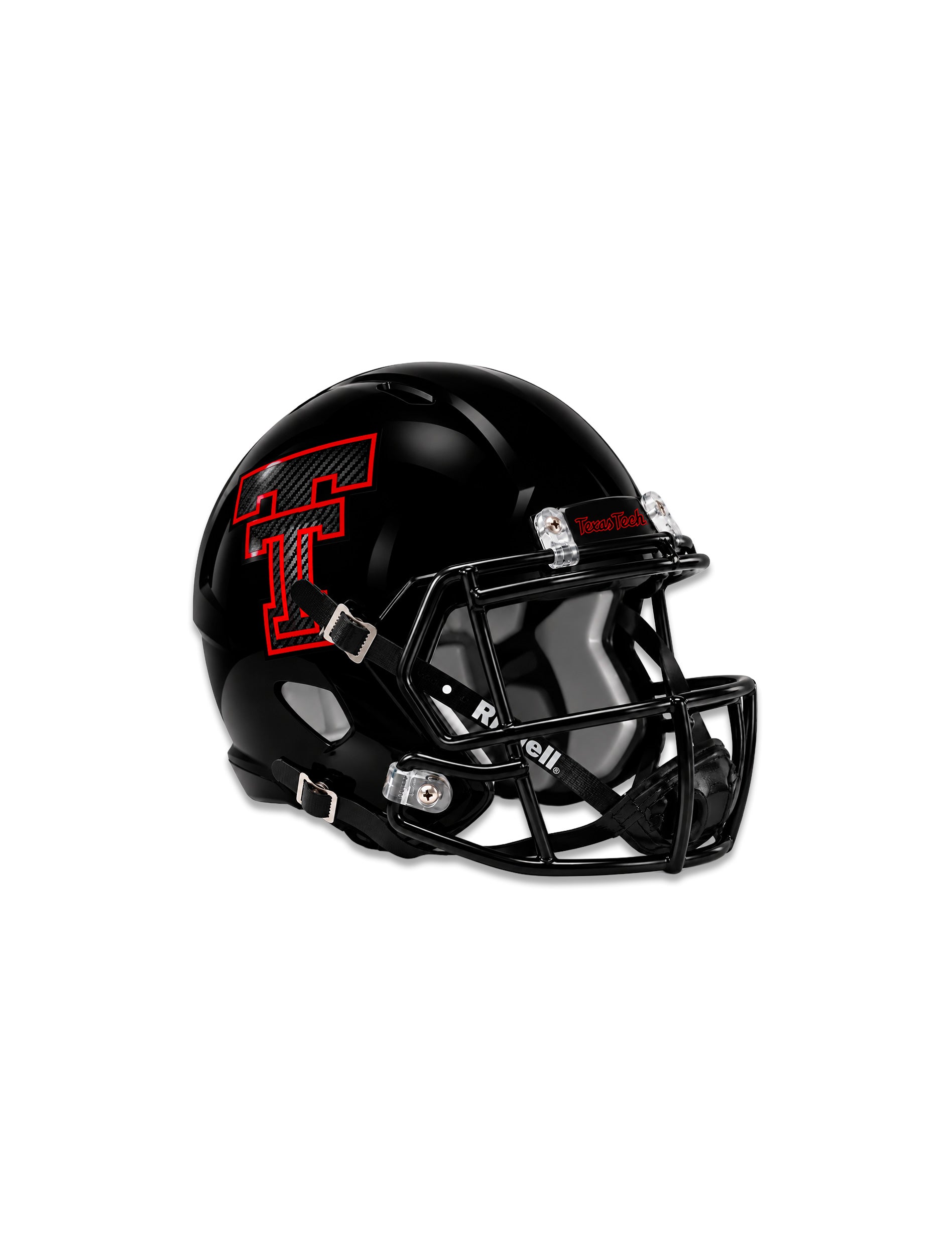 Gloss black Riddell Texas Tech mini helmet with a carbon textured Double T outlined in red and a red Texas Tech script on the bumper