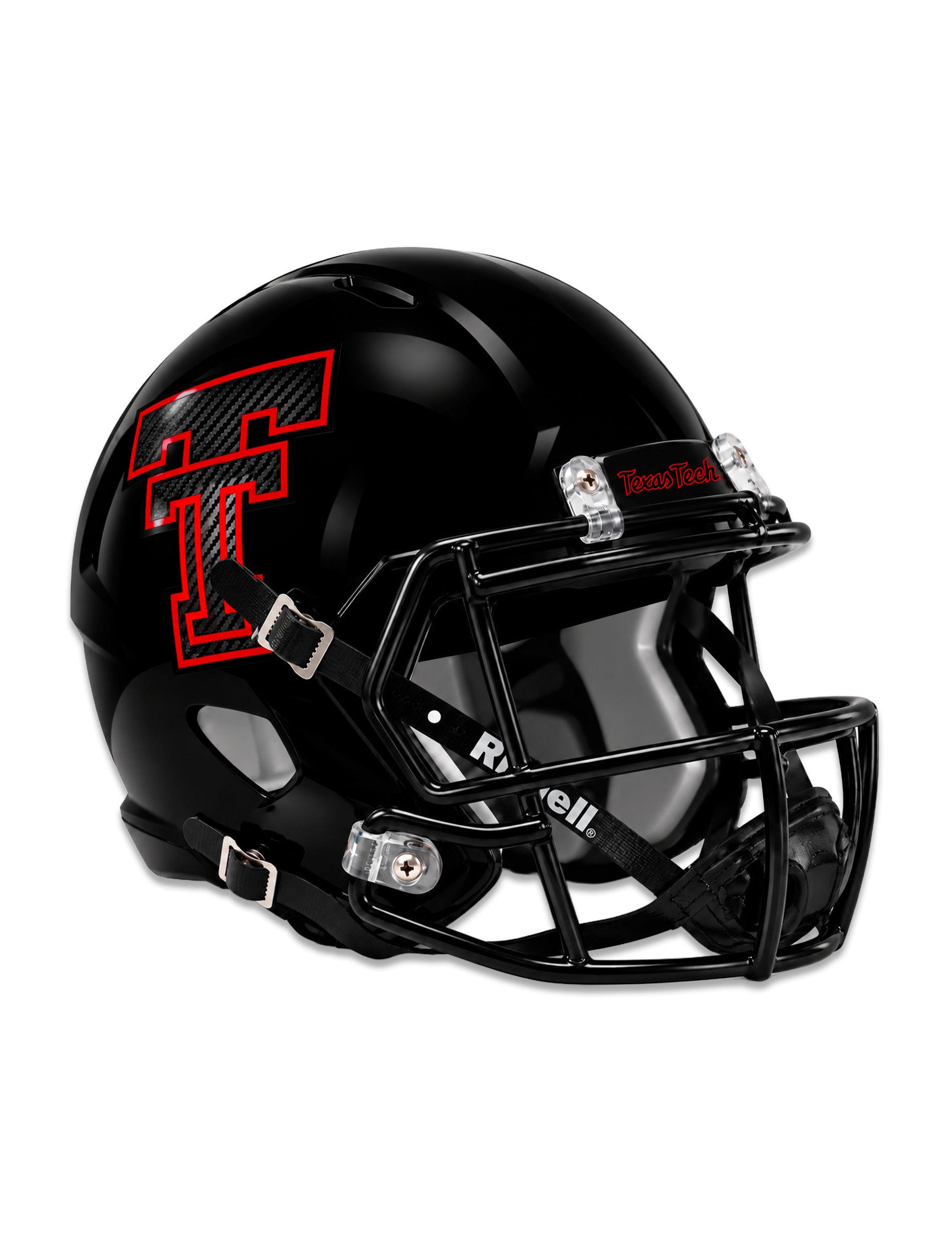 Gloss black Riddell Texas Tech Speed replica helmet with a carbon textured Double T outlined in red and a red Texas Tech script on the bumper