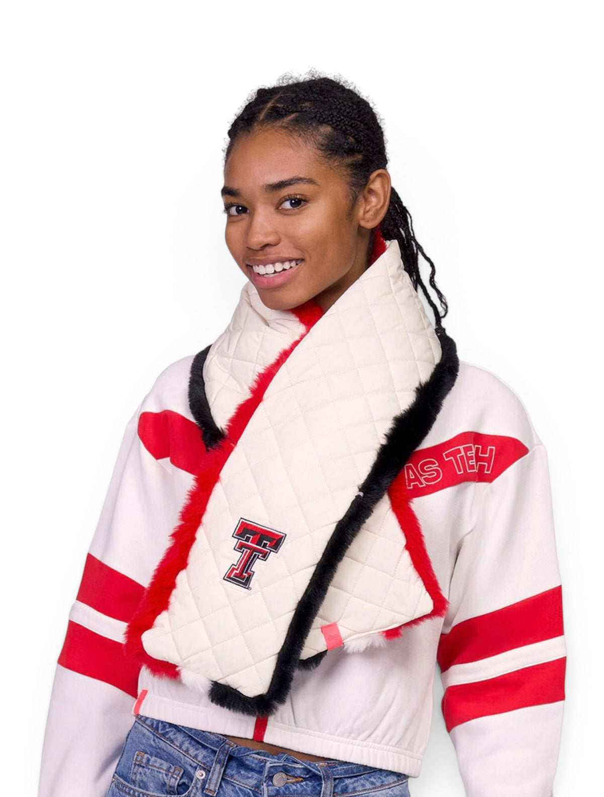 Lusso Texas Tech Double T "Annika" Double Sided Quilted and Plush Scarf – Front view