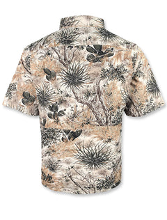 Back of the Gameguard Texas Tech camo fishing shirt, full West Texas camo across the yoke and body with a small Gameguard mark below the collar