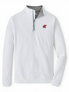 White Peter Millar Texas Tech “Rearing Rider” Perth quarter zip with contrast grey collar and placket and an embroidered throwback Double T with Rearing Rider at the left chest