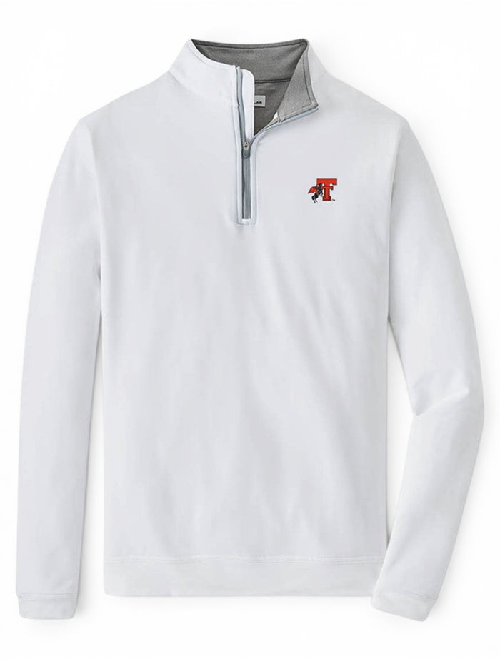 White Peter Millar Texas Tech “Rearing Rider” Perth quarter zip with contrast grey collar and placket and an embroidered throwback Double T with Rearing Rider at the left chest