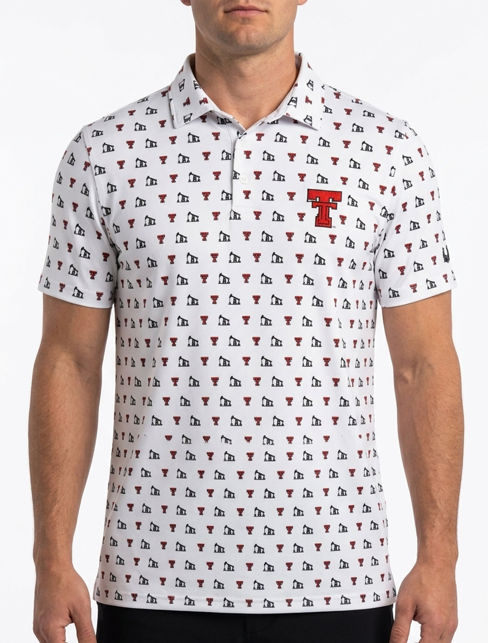 White Texas Tech polo with an allover print of red throwback Double Ts and black pumpjacks and an embroidered Double T at the chest