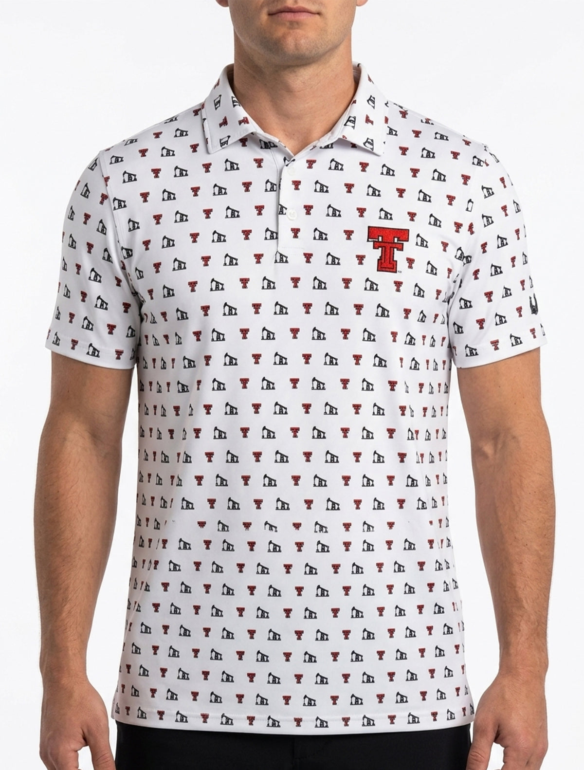 White Texas Tech polo with an allover print of red throwback Double Ts and black pumpjacks and an embroidered Double T at the chest
